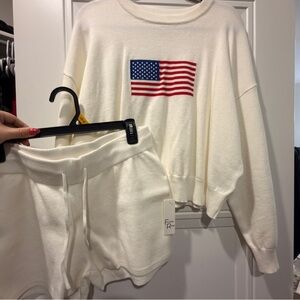 Cream Sweatshirt and Shorts Set with American Flag Design